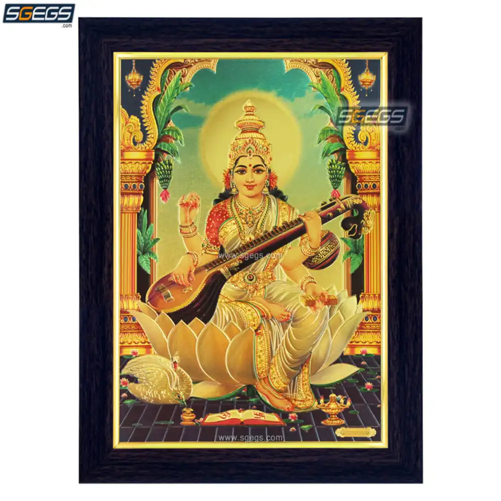 Goddess Saraswati Photo Frame, Gold Plated Foil Embossed Picture ...