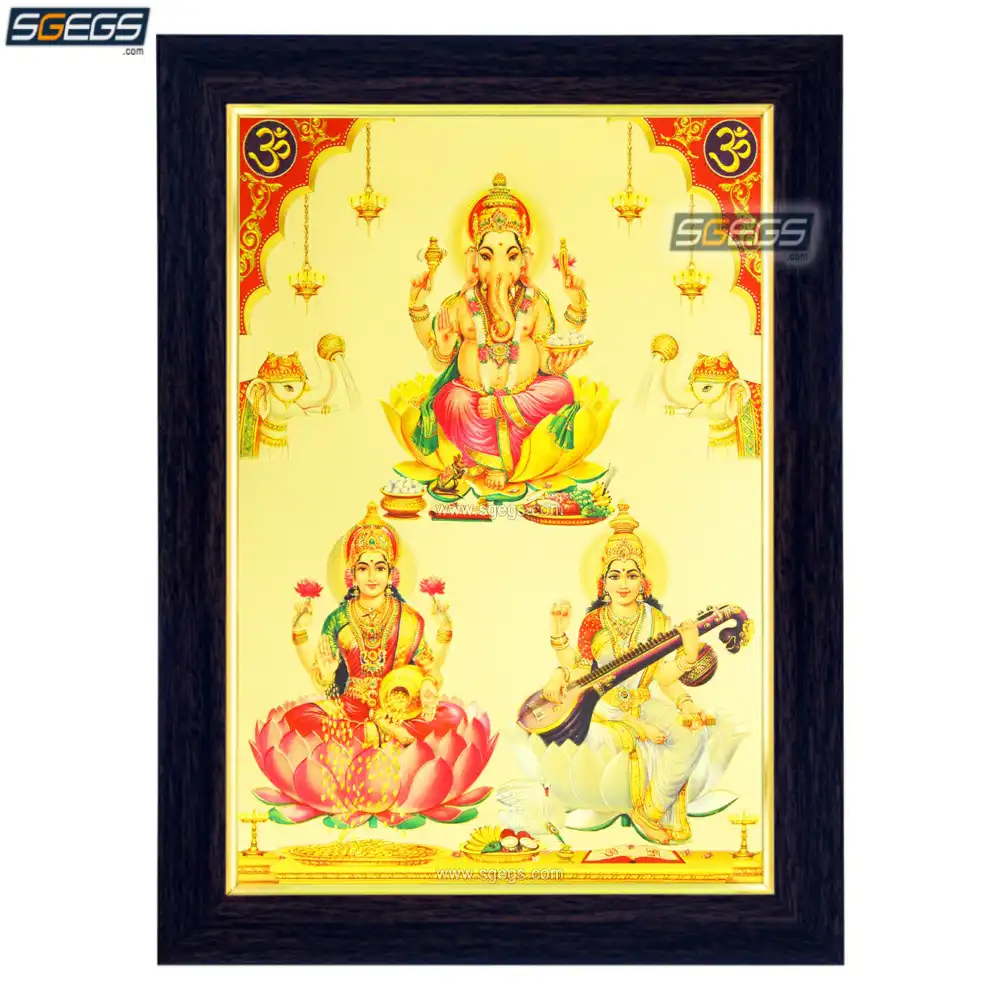 Gaja Ganesha Lakshmi Saraswati Photo Frame, Gold Plated Foil ...