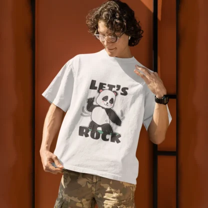 01 Cute Panda Let's Rock White Oversized T-shirt Unisex-zinotch-sgegs