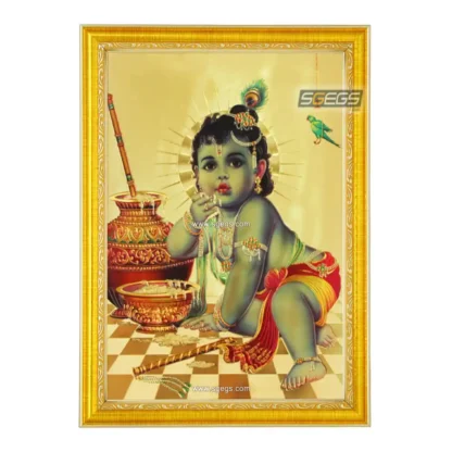 God Bal Krishna Eating Makhan Photo Frame, Gold Plated Foil Embossed Picture Frame, Religious Framed Poster