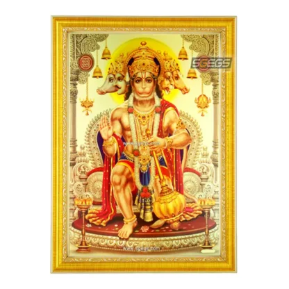 God Panchmukhi Hanumanji Photo Frame, Gold Plated Foil Embossed Picture Frame, Religious Framed Poster