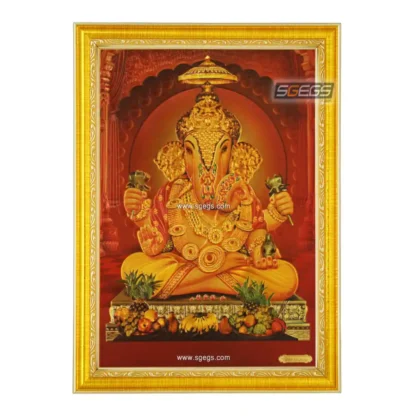 Dagdu Sheth God Ganesha Photo Frame, Gold Plated Foil Embossed Picture Frame, Religious Framed Poster