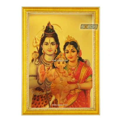 God Shiv, Goddess Parvati and God Ganeshji Photo Frame, Gold Plated Foil Embossed Picture Frame, Religious Framed Poster