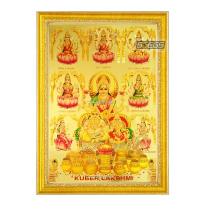 God Kubera and Goddess Lakshmi with Ashta Lakshmi Photo Frame, Gold Plated Foil Embossed Picture Frame, Religious Framed Poster