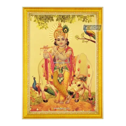 God Bal Krishna with Kamdhenu Photo Frame, Gold Plated Foil Embossed Picture Frame, Religious Framed Poster