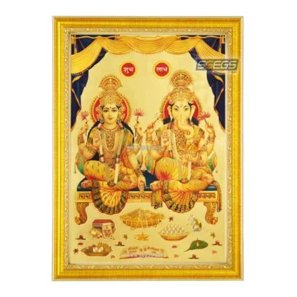 God Ganeshji and Goddess Lakshmi Photo Frame, Gold Plated Foil Embossed Picture Frame, Religious Framed Poster