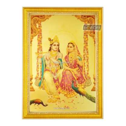 Radha Krishna on Swing Photo Frame, Gold Plated Foil Embossed Picture Frame, Religious Framed Poster