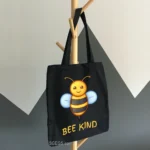 Bee Kind Printed Black Canvas Tote Bag for Women with Zip | Stylish Cotton Handbags for Girls | College, Shopping, Travel & Any Occasion