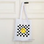 Checkered Smile Face Printed White Canvas Tote Bag for Women with Zip | Stylish Cotton Handbags for Girls | College, Shopping, Travel & Any Occasion