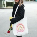 Grateful Cute Rainbow Printed White Canvas Tote Bag for Women with Zip | Stylish Cotton Handbags for Girls | College, Shopping, Travel & Any Occasion