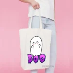 Cute Ghost Boo Printed White Canvas Tote Bag for Women with Zip | Stylish Cotton Handbags for Girls | College, Shopping, Travel & Any Occasion