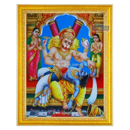 Lord Narsimha Swamy Killing Hiranyakashyap with Prahlad Photo Frame, HD Picture Frame, Religious Framed Poster