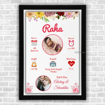 Customized Born Baby Photo Frame with Parents and Birth Details, Poster, Framed Poster, Acrylic and Gallery Wrapped Canvas (SGEGS ID: 26530)