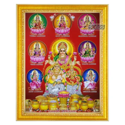 God Kubera Goddess Lakshmi with Ashta Lakshmi Photo Frame, HD Picture Frame, Religious Framed Poster