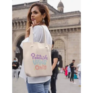 Positive Vibes Only Printed White Canvas Tote Bag for Women with Zip | Stylish Cotton Handbags for Girls | College, Shopping, Travel & Any Occasion