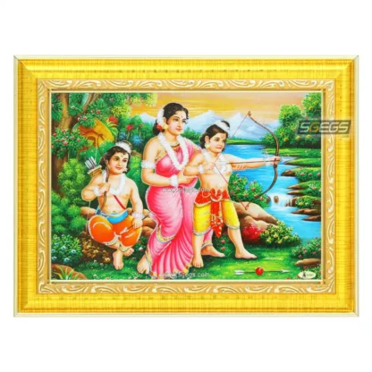 Goddess Sita with Luv and Kush Photo Frame, Religious Framed Poster, Silver Zari Work Photo
