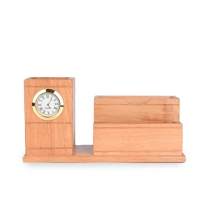 Wooden Desk Organizer with Clock, Business Visiting Card, Mobile and Pen Holder | Wooden Table Top | Unique Corporate Gifts | Gifting Ideas