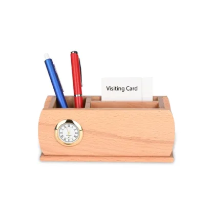 Wooden Desk Organizer with Clock, Business Visiting Card, Mobile and Pen Holder | Wooden Table Top | Unique Corporate Gifts | Gifting Ideas