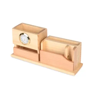 Wooden Desk Organizer with Clock, Business Visiting Card and Pen Holder | Wooden Table Top | Unique Corporate Gifts | Gifting Ideas