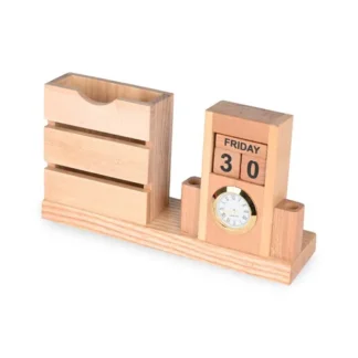 Wooden Desk Organizer with Calendar Blocks, Clock, Business Visiting Card and Pen Holder | Wooden Table Top | Unique Corporate Gifts | Gifting Ideas