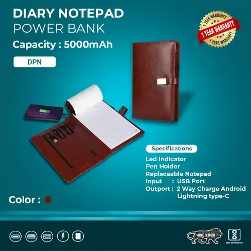 Diary 02 Premium Leather finished Dark Brown Power Bank Diary